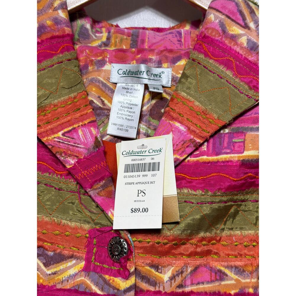 VTG Coldwater Creek Jacket Small PETITE Pink Orange NEW Stripe Applique Artsy - Picture 4 of 7